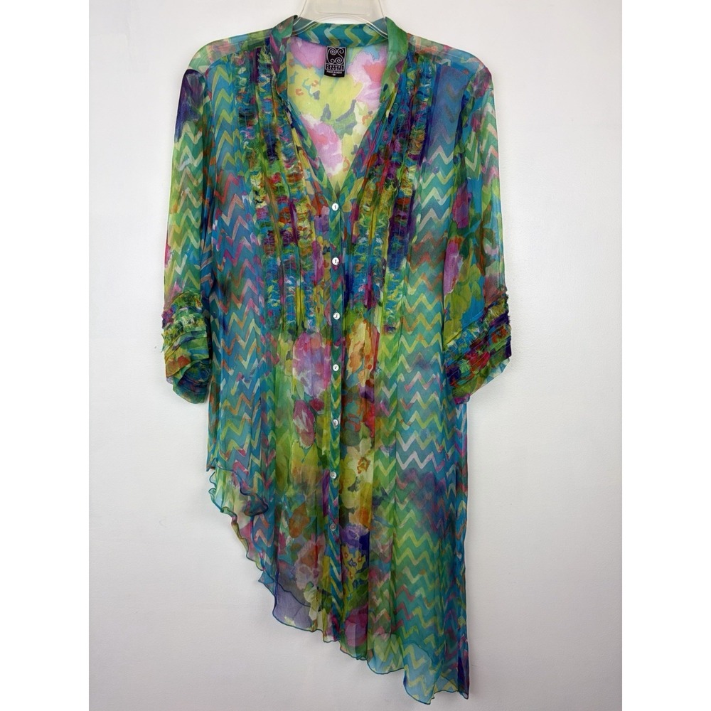Floral Tunic Top Womens Medium Sheer Sparkle Asymmetric Hem Fairy Artsy Boho